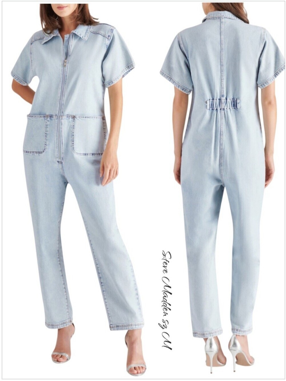 Steve Madden Eira Denim Jumpsuit Stone Wash Blue M NWT